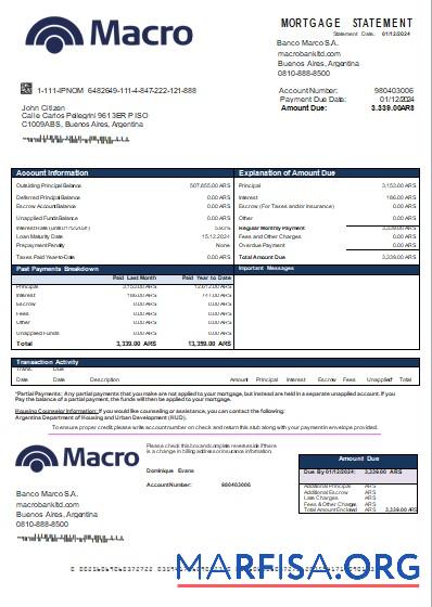 Printable Argentina Banco Macro S.A. bank mortgage statement scr example
